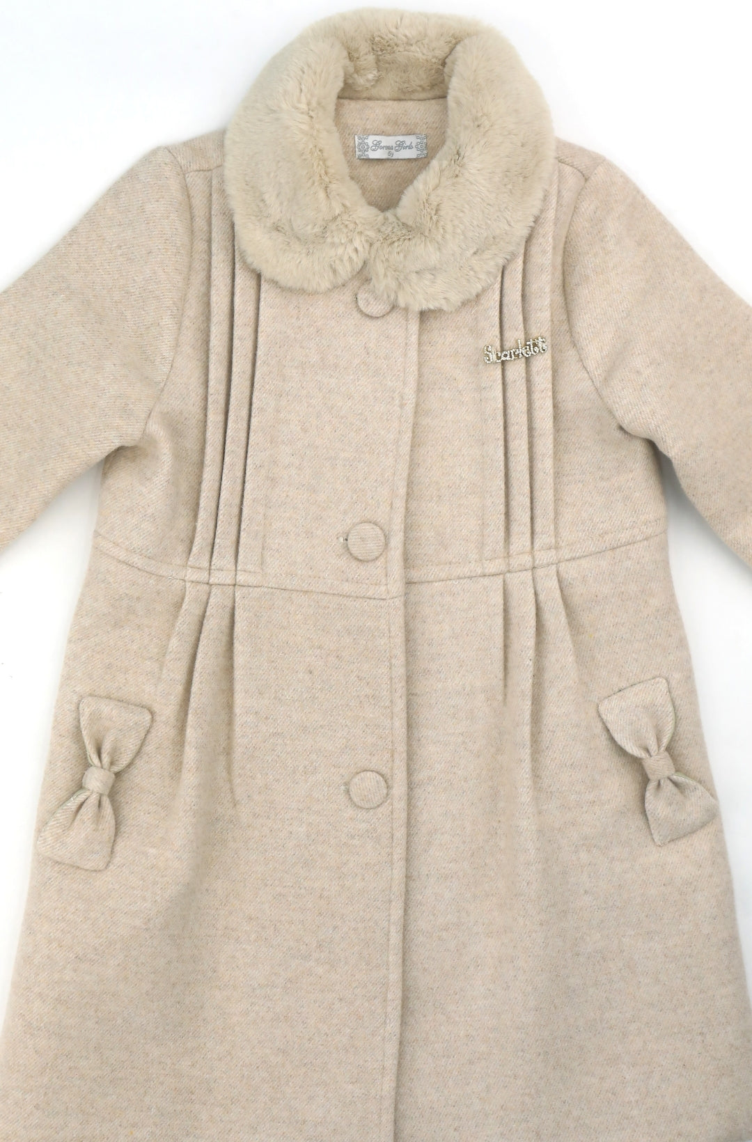 Manteau Beige Long Fille avec Nœud Décoratif