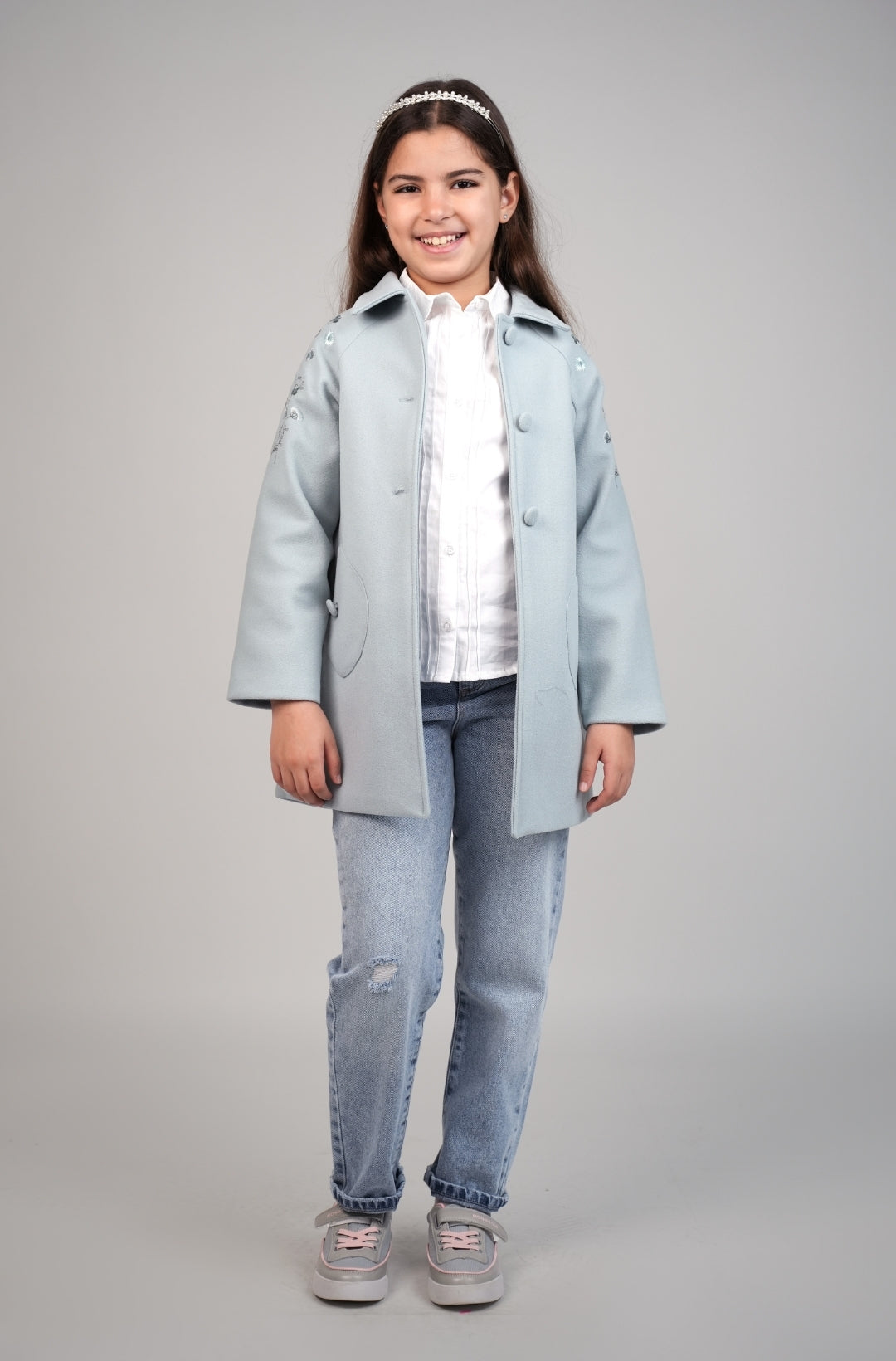 Manteau en laine bleu ciel pour filles avec perles décoratives