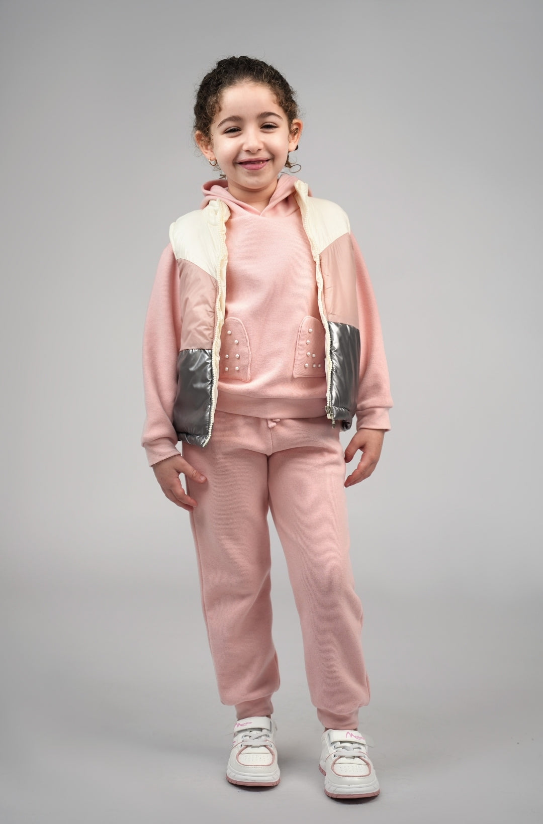 Ensemble fille 3 pièces rose avec gilet argenté