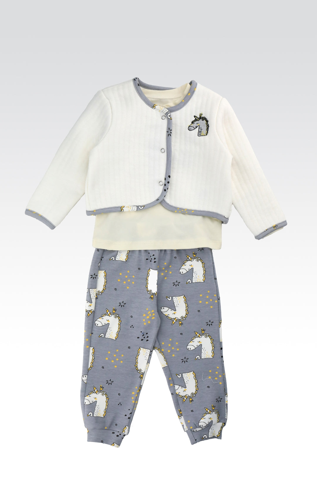 Ensemble 3 pièces Bébé Licorne - Gilet Blanc et Pantalon Fantaisie