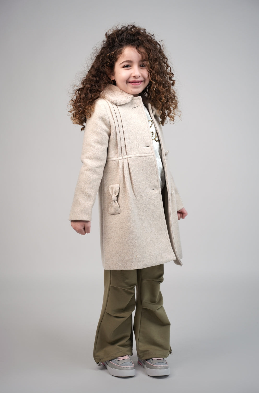 Manteau Beige Long Fille avec Nœud Décoratif