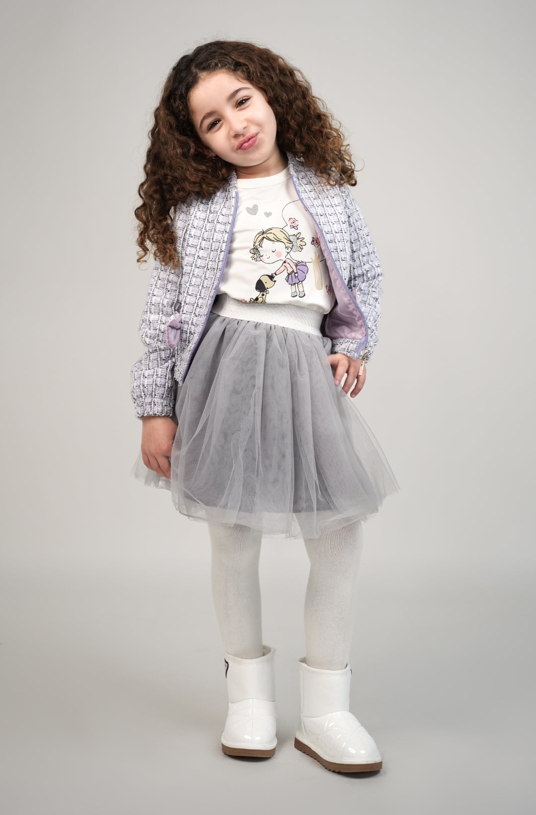 Ensemble 3 pièces lilas avec veste texturée et jupe en tulle gris