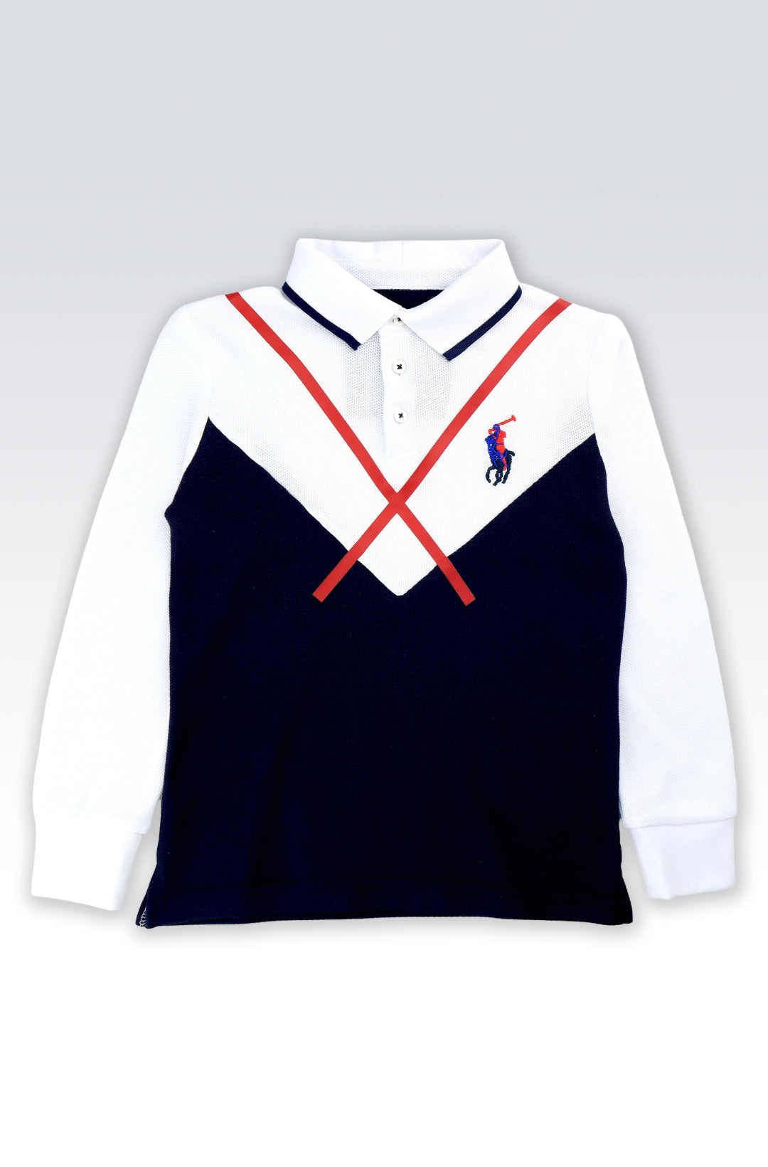 Polo Enfant Bleu, Blanc et Rouge avec Motif Équestre