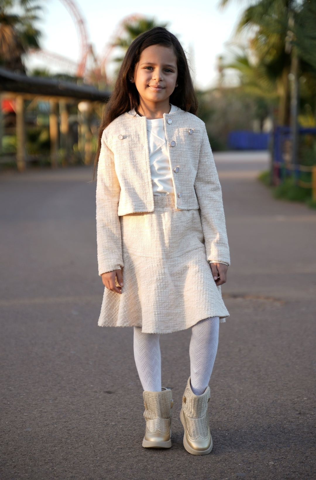 Ensemble 3 Pièces : Veste, T-Shirt et Jupe en Tweed Beige